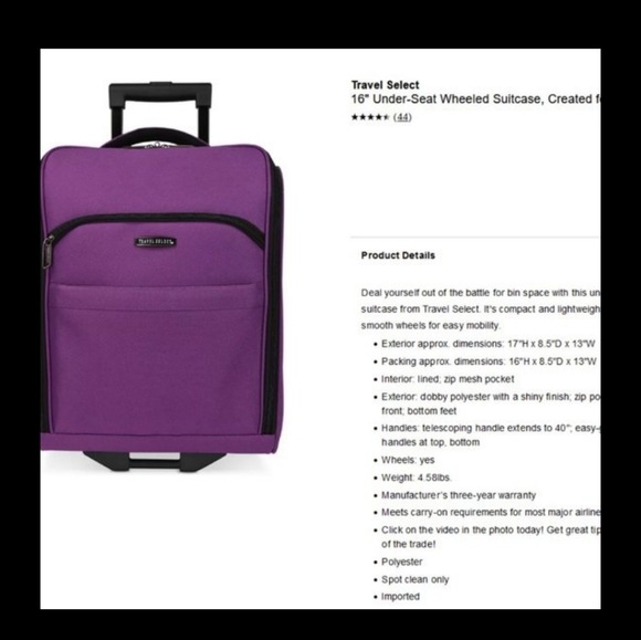 Black Travel Select 16" UnderSeat Soft Side Rolling Carry On - Picture 6 of 8